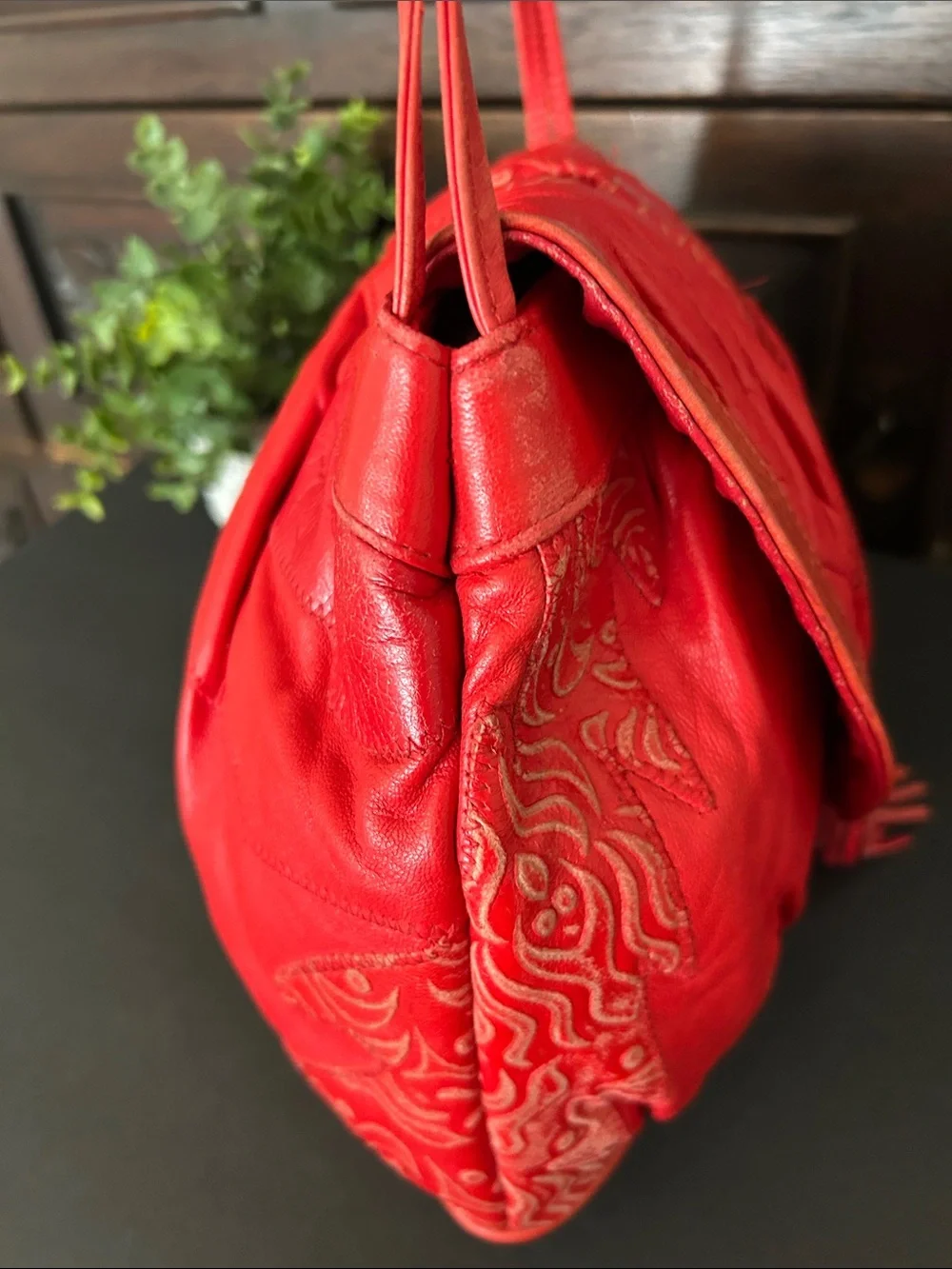 Viva of California Vintage Red Leather Fringe Shoulder Bag with Embossed Detail